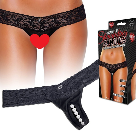 Hustler Lingerie Blk Lace Crotchless Thong W/Beads.